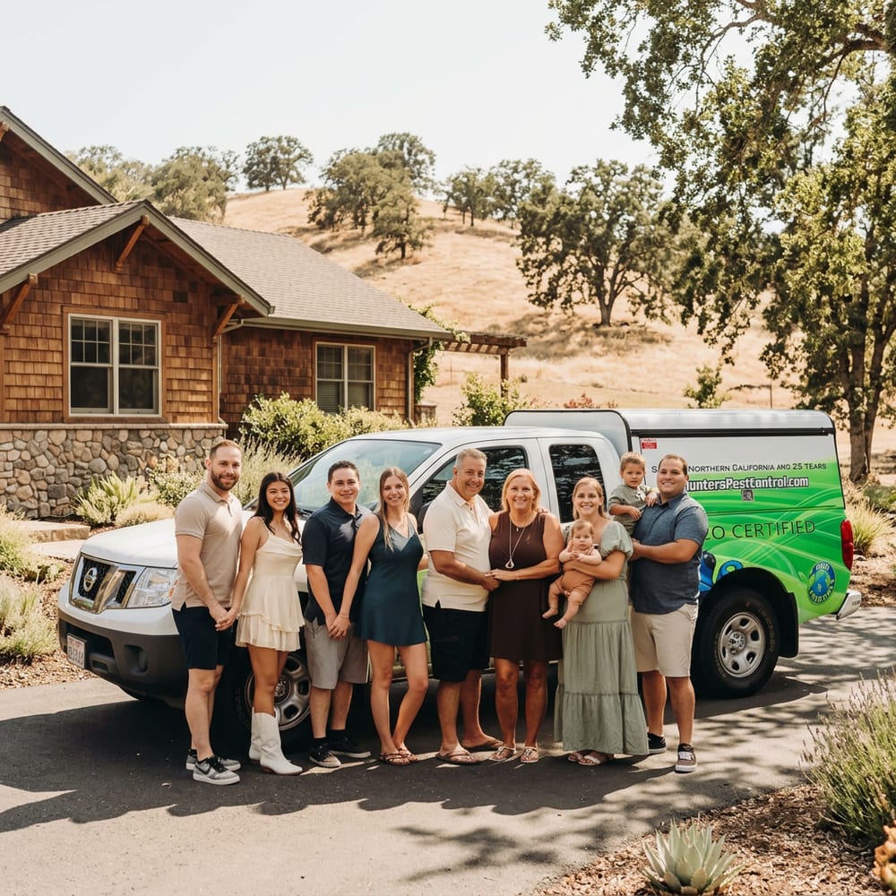 Family-owned Hunters Services team in front of their branded pest control truck in Northern California